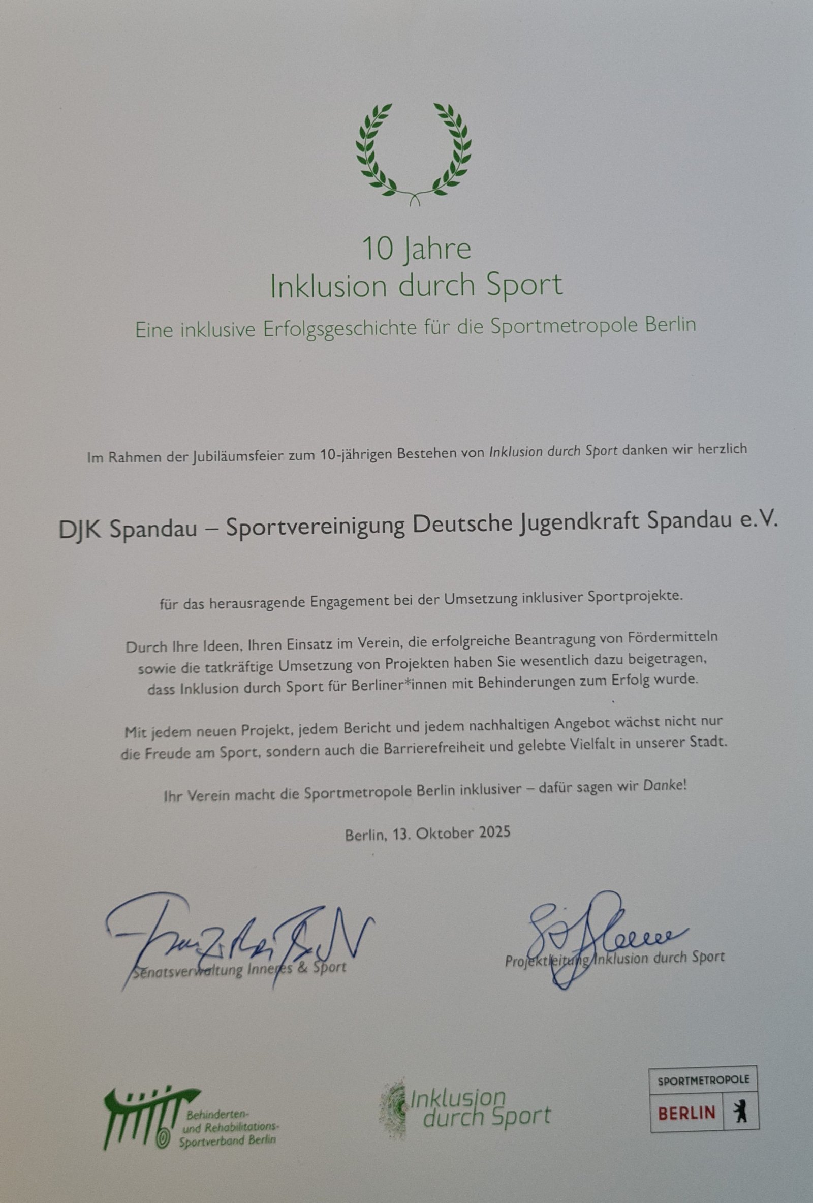 Urkunde 10 Jahre Inklusion durch Sport